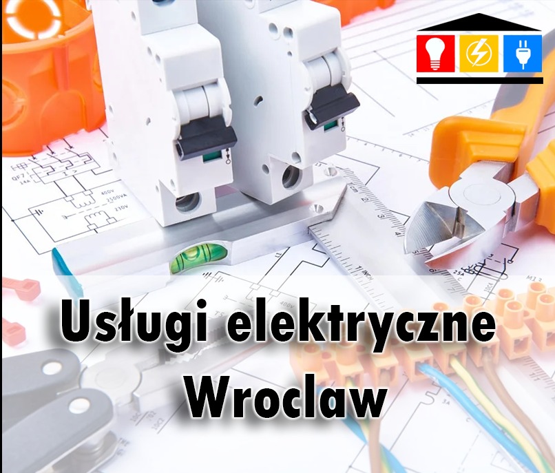 Schemat elektryczny z wyłącznikiem, poziomicą, kombinerkami i złączkami kablowymi, widoczne przewody w izolacji niebieskiej i żółto-zielonej, pomarańczowa puszka elektryczna w tle.