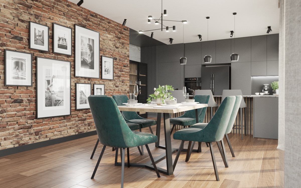 Jadalnia w stylu loft z ceglaną ścianą i galerią czarno-białych zdjęć, oświetlona nowoczesnymi lampami sufitowymi.