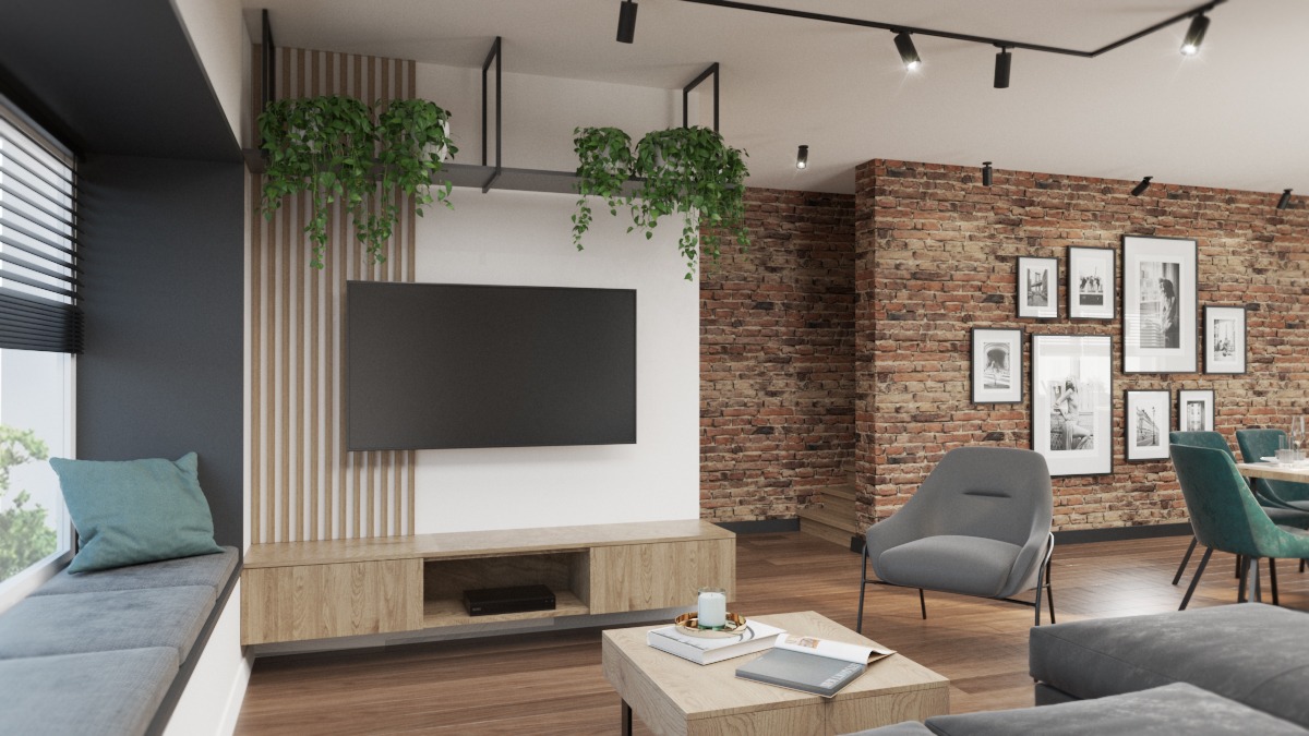 Nowoczesny salon z telewizorem na ścianie z drewnianymi panelami, roślinami zwisającymi z półek oraz ceglaną ścianą z galerią czarno-białych zdjęć.