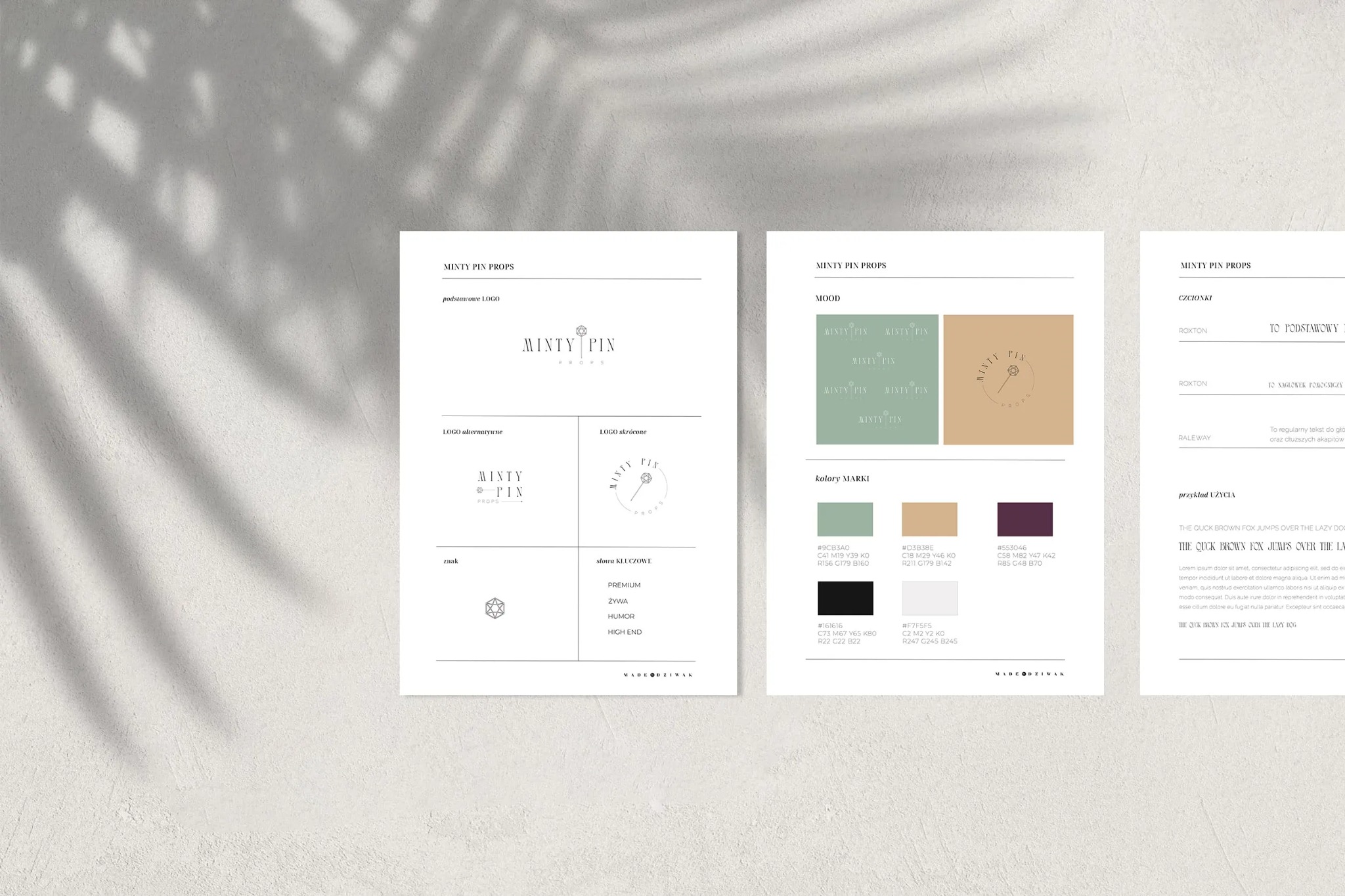 Prezentacja identyfikacji wizualnej marki Minty Pin Props: logo podstawowe, alternatywne i skrócone, paleta kolorów marki, przykładowe czcionki i tekst z użyciem czcionek marki.