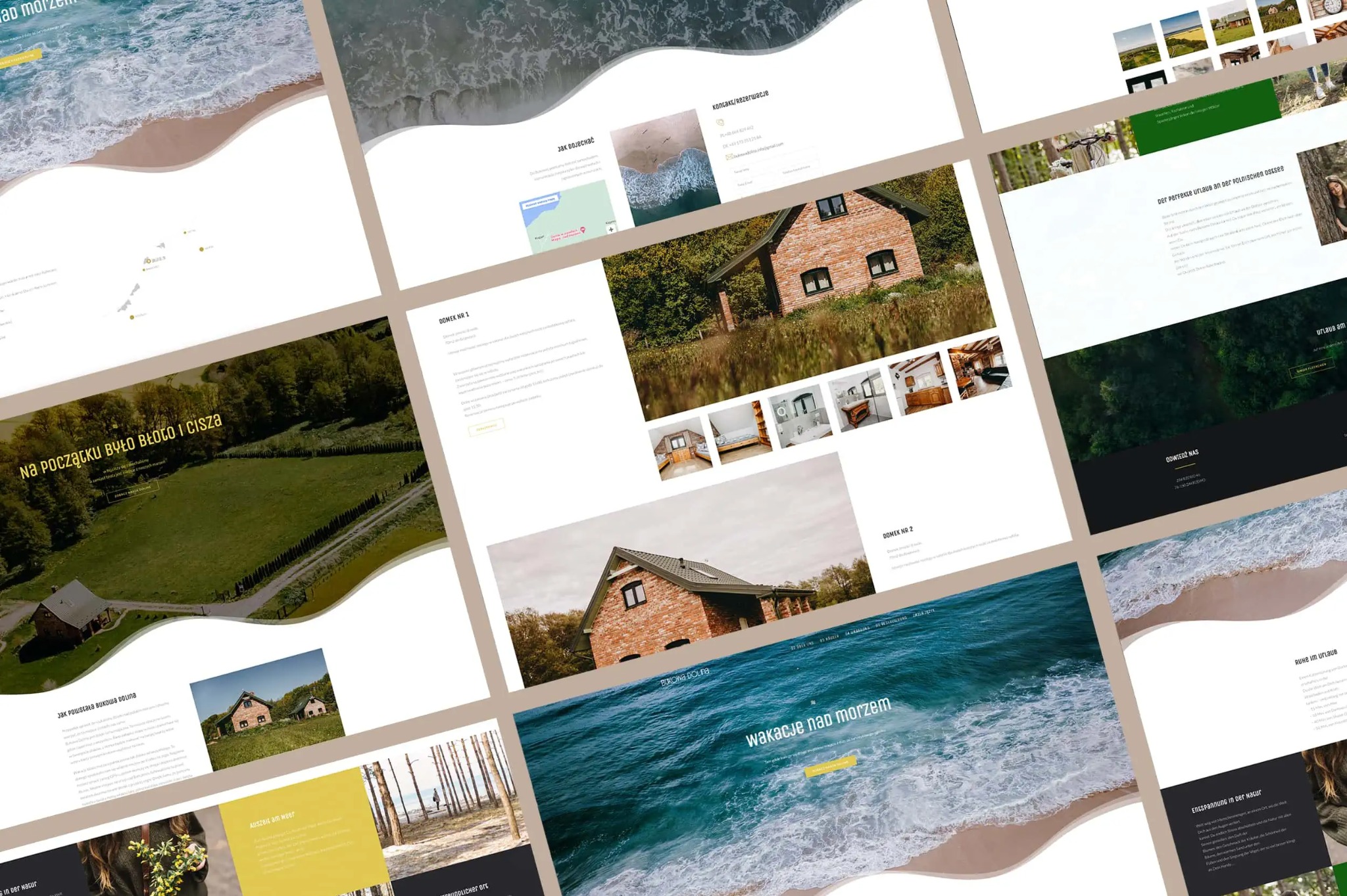 Kompozycja przedstawiająca kilka różnych widoków stron internetowych z motywem domków letniskowych, plaży i natury, z różnymi układami i elementami graficznymi.
