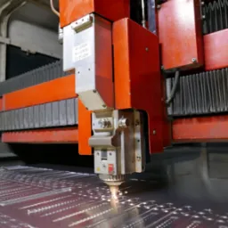 Czerwona maszyna do cięcia laserowego precyzyjnie wycina wzór w metalowej płycie, iskry i dym unoszą się z miejsca cięcia, widoczne ślady po wcześniejszych cięciach.