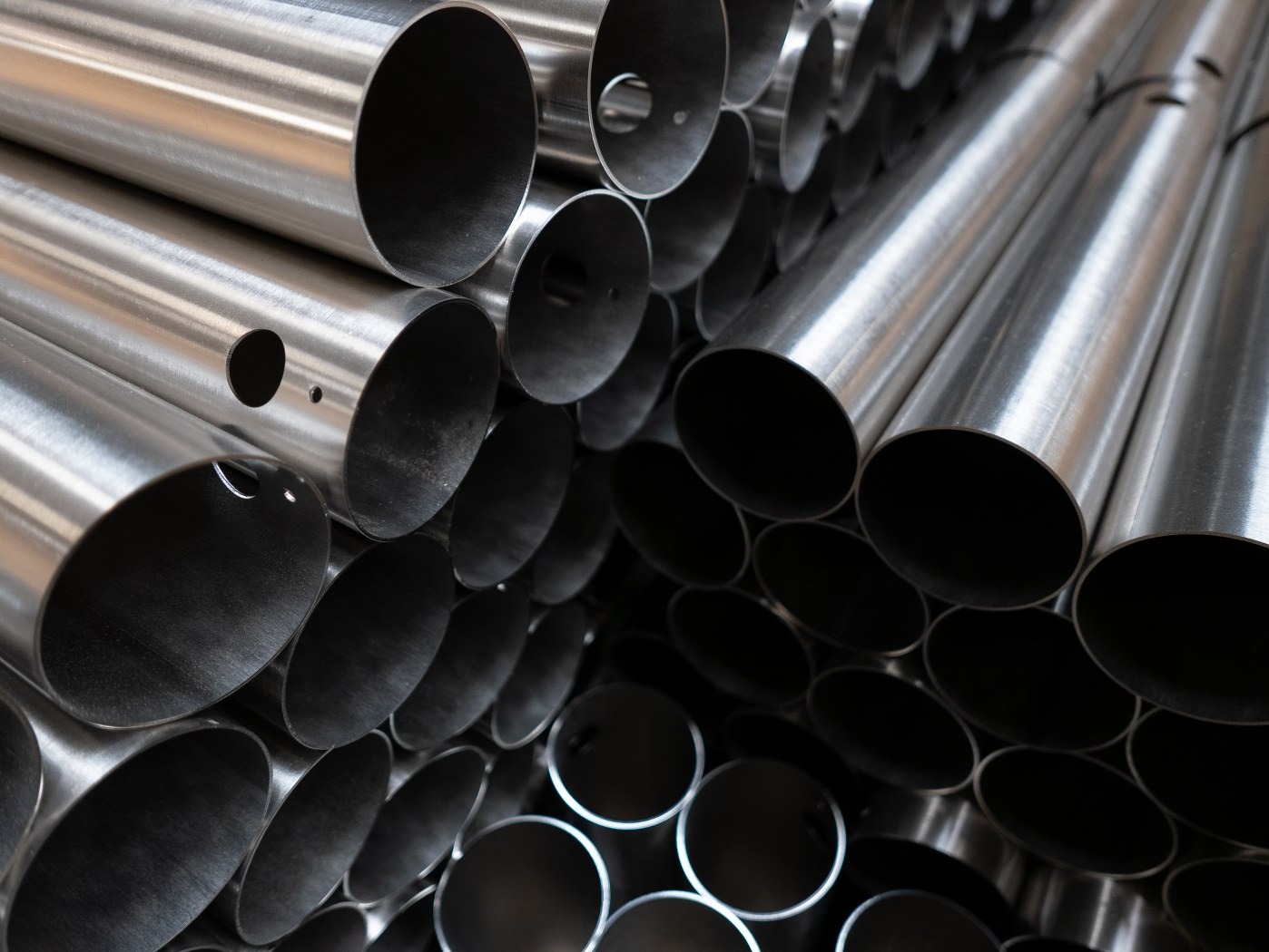 Stos polerowanych, metalowych rur o różnych średnicach, niektóre z nawierconymi otworami, ułożonych pod kątem.