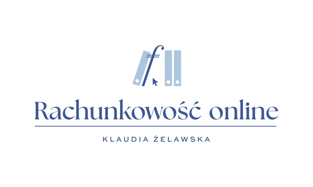 Logo firmy oferującej usługi rozliczeniowe online, z grafiką stylizowanych segregatorów i kursora myszy, pod napisem 'Rachunkowość online' i imieniem i nazwiskiem 'Klaudia Żelawska'.