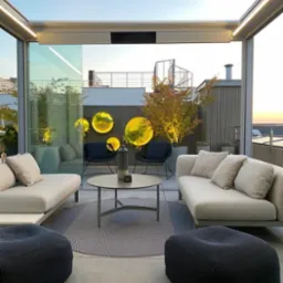 Nowoczesny taras na dachu z sofami, pufami, okrągłym stolikiem kawowym i dekoracyjnymi, podświetlanymi kulami na tle drewnianej ściany i schod&oacute;w spiralnych.