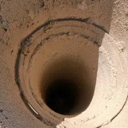 Wnętrze studzienki kanalizacyjnej pokrytej grubą warstwą piasku i ziemi, widok z góry w dół.