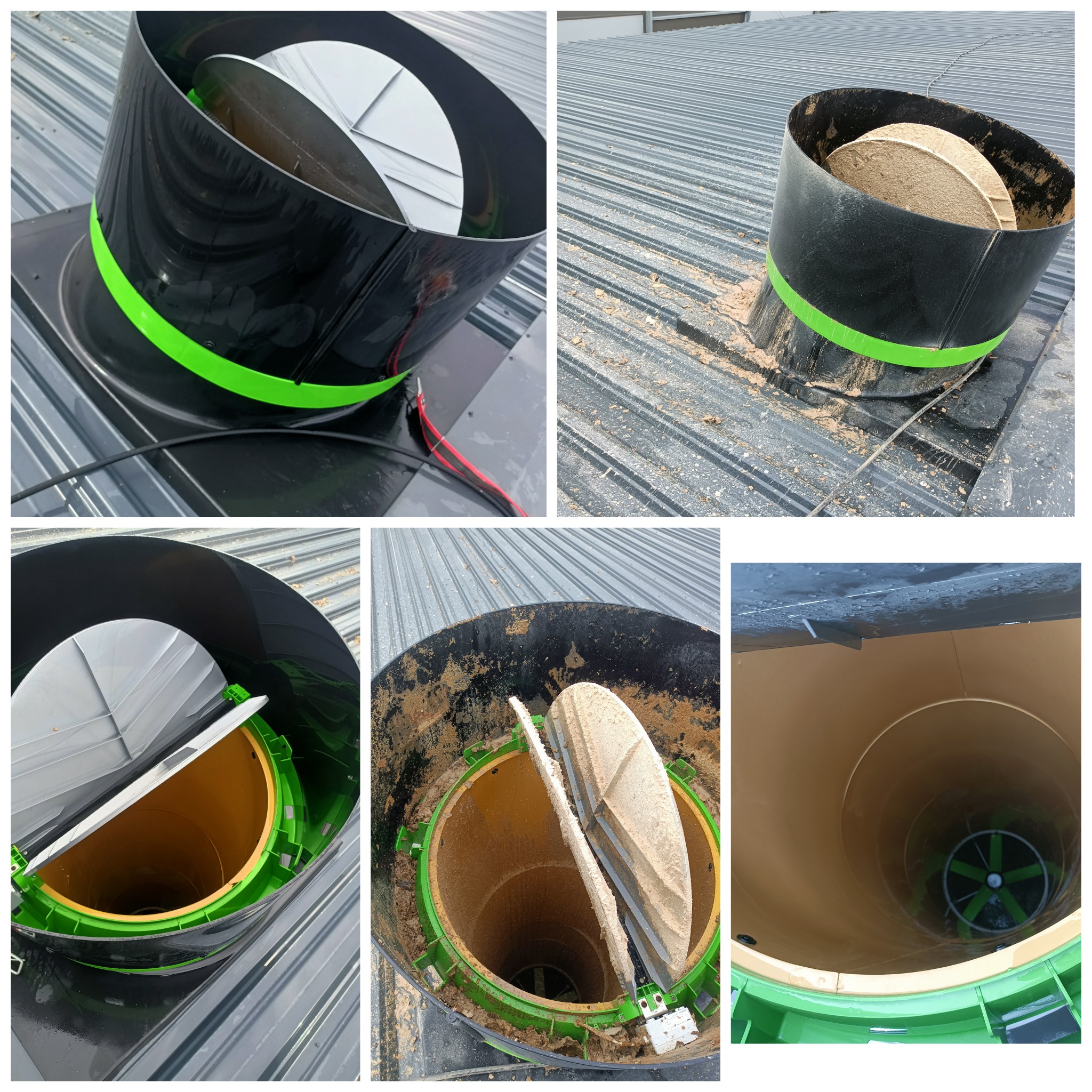 Czarny komin wentylacyjny z zielonym akcentem, zamontowany na metalowym dachu, widoczne zabrudzenia i wnętrze z turbiną w kolorze żółto-zielonym.