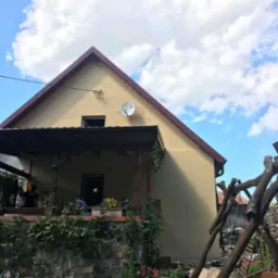 Jasnożółty dom jednorodzinny z brązowym dachem, werandą z kamienną podmurówką i kolorowymi kwiatami w donicach, na elewacji widoczna antena satelitarna.