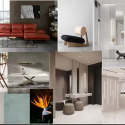 Kolaż przedstawiający różne elementy wystroju wnętrz: skórzana sofa, krzesło z drewnianą ramą i czarnym siedziskiem, łazienka z lustrem i pufami, jadalnia ze stołem na krzyżakowej podstawie...