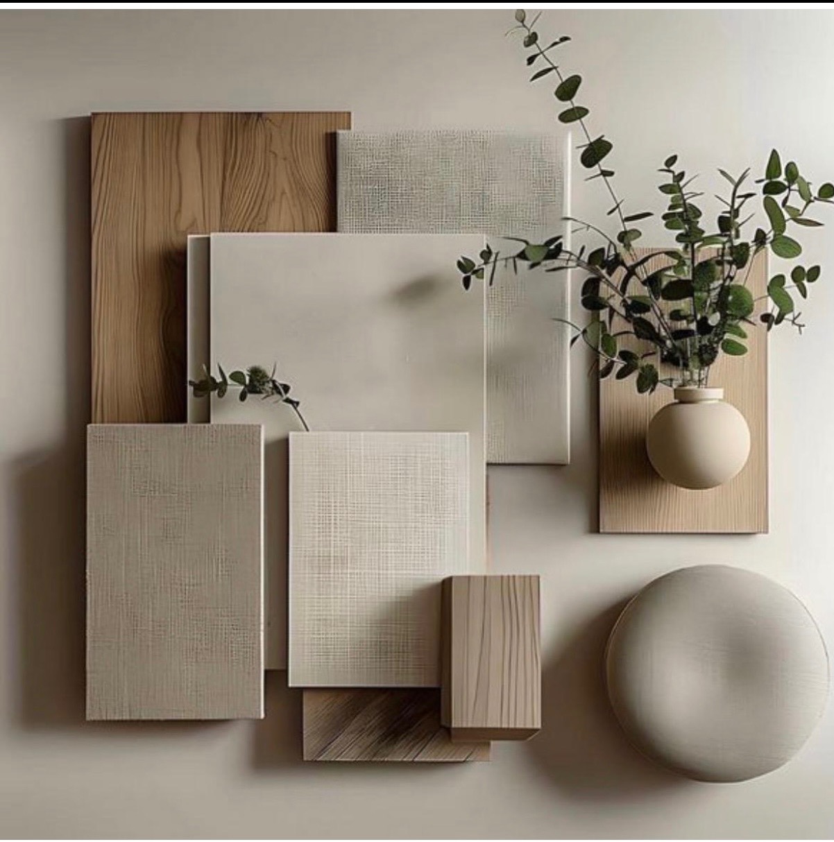 Paleta materiałów wykończeniowych w neutralnych barwach: drewno, tkanina, farba. Kompozycja z wazonem z zielonymi gałązkami. Prezentacja doboru kolorów i faktur.