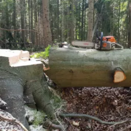 Ścięty pień drzewa w lesie z leżącym pniem i piłą łańcuchową Stihl na nim, widoczne ślady cięcia.