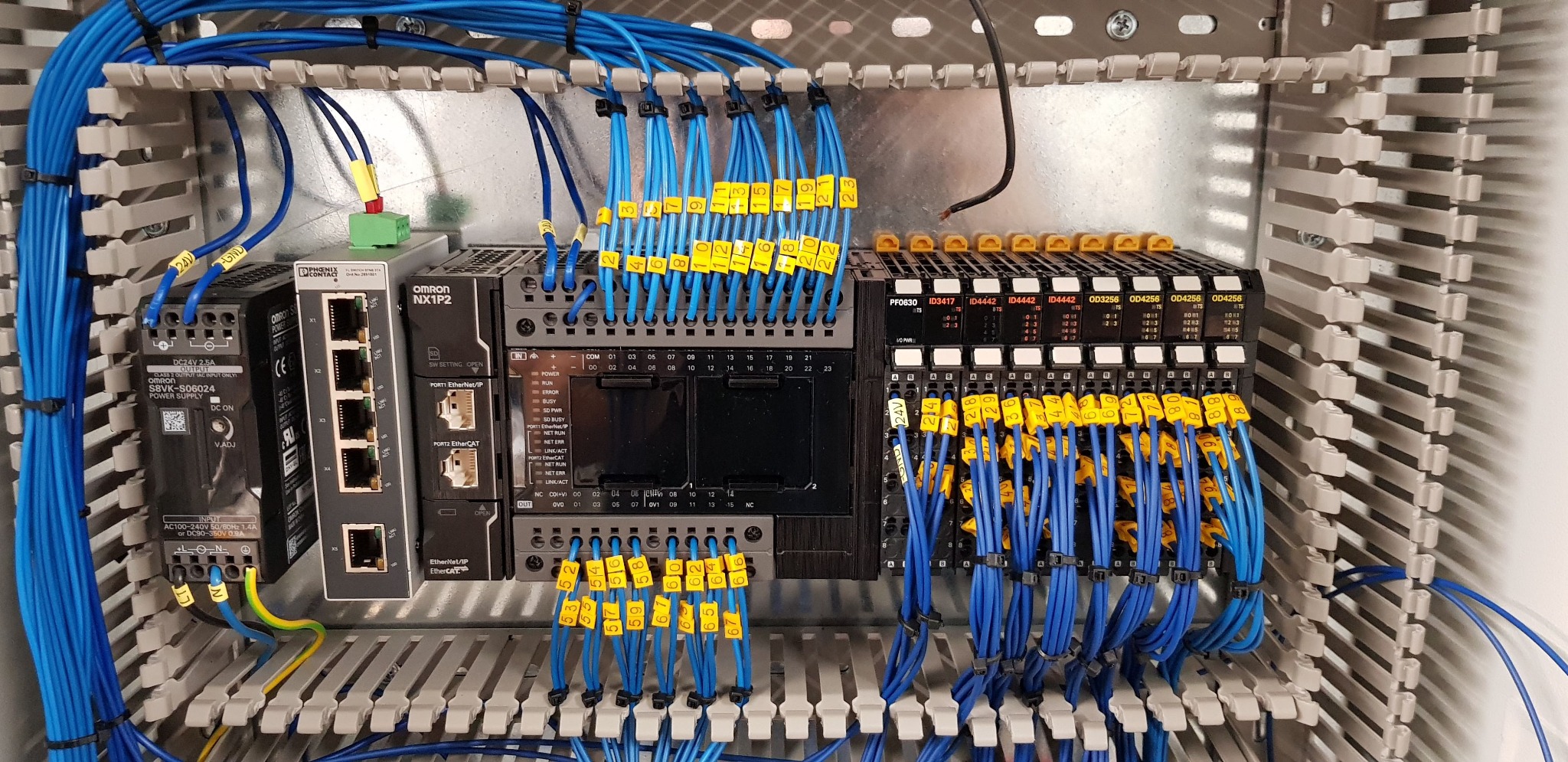 Szara szafa sterownicza z zamontowanymi modułami sterującymi Omron, niebieskimi kablami oznaczonymi żółtymi numerowanymi etykietami i listwami montażowymi