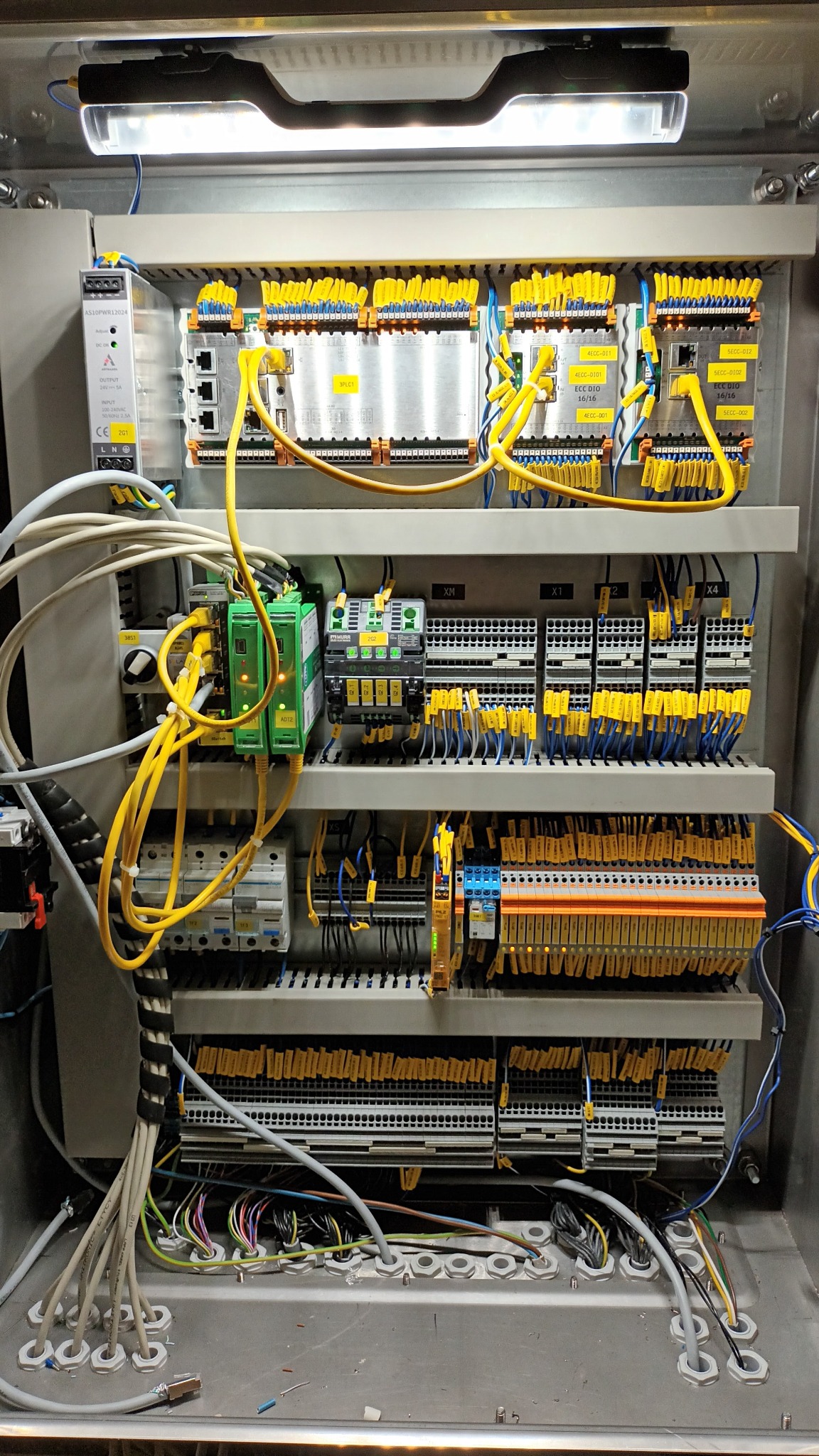 Rozdzielnica elektryczna z modułami sterującymi, okablowaniem i listwami zaciskowymi, oświetlona lampą LED, widoczne kable ethernet i zasilające.