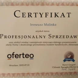 Certyfikat 'Profesjonalny Sprzedawca' Oferteo dla Ireneusza Malinki, wydany we Wrocławiu, 2025-07-21. Podpisany przez Karola Grygiela, członka zarządu Oferteo.