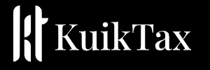 Logo firmy KuikTax na czarnym tle, białe litery i stylizowany symbol po lewej stronie.