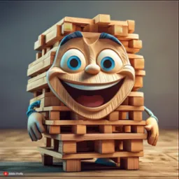 Karykaturalna postać z palet drewnianych z dużymi niebieskimi oczami i uśmiechem, stojąca na drewnianej podłodze na tle szarej ściany.