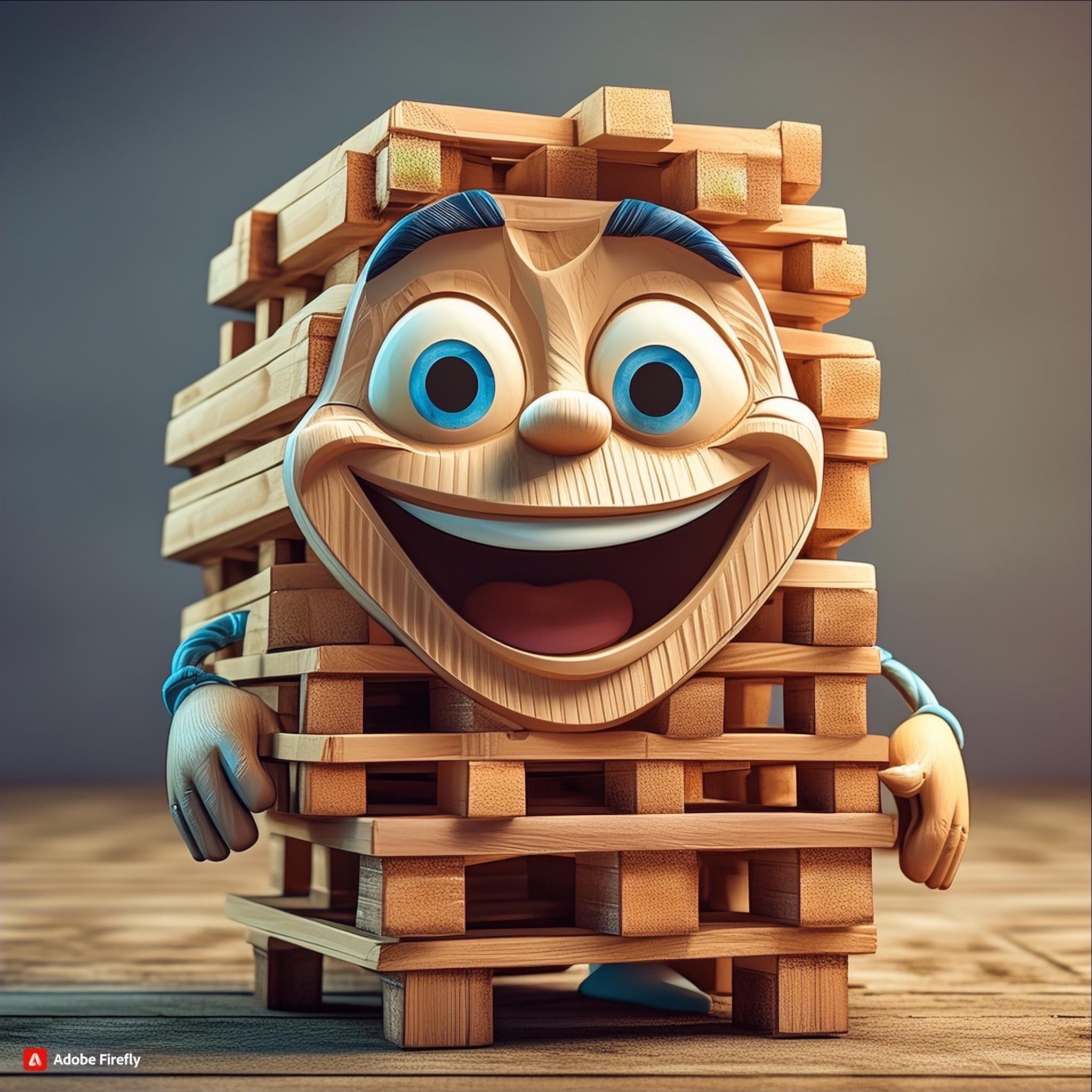 Karykaturalna postać z palet drewnianych z dużymi niebieskimi oczami i uśmiechem, stojąca na drewnianej podłodze na tle szarej ściany.