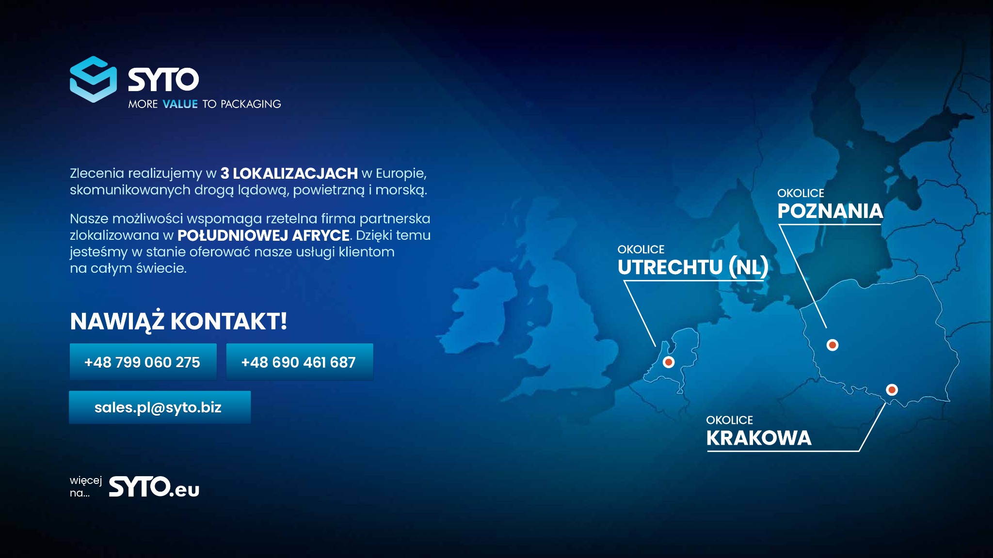 Grafika firmy Syto z mapą Europy, wskazująca lokalizacje w Poznaniu, Krakowie i Utrechcie, oferującej usługi logistyczne w 3 lokalizacjach, skomunikowanych drogą lądową, powietrzną i morską.