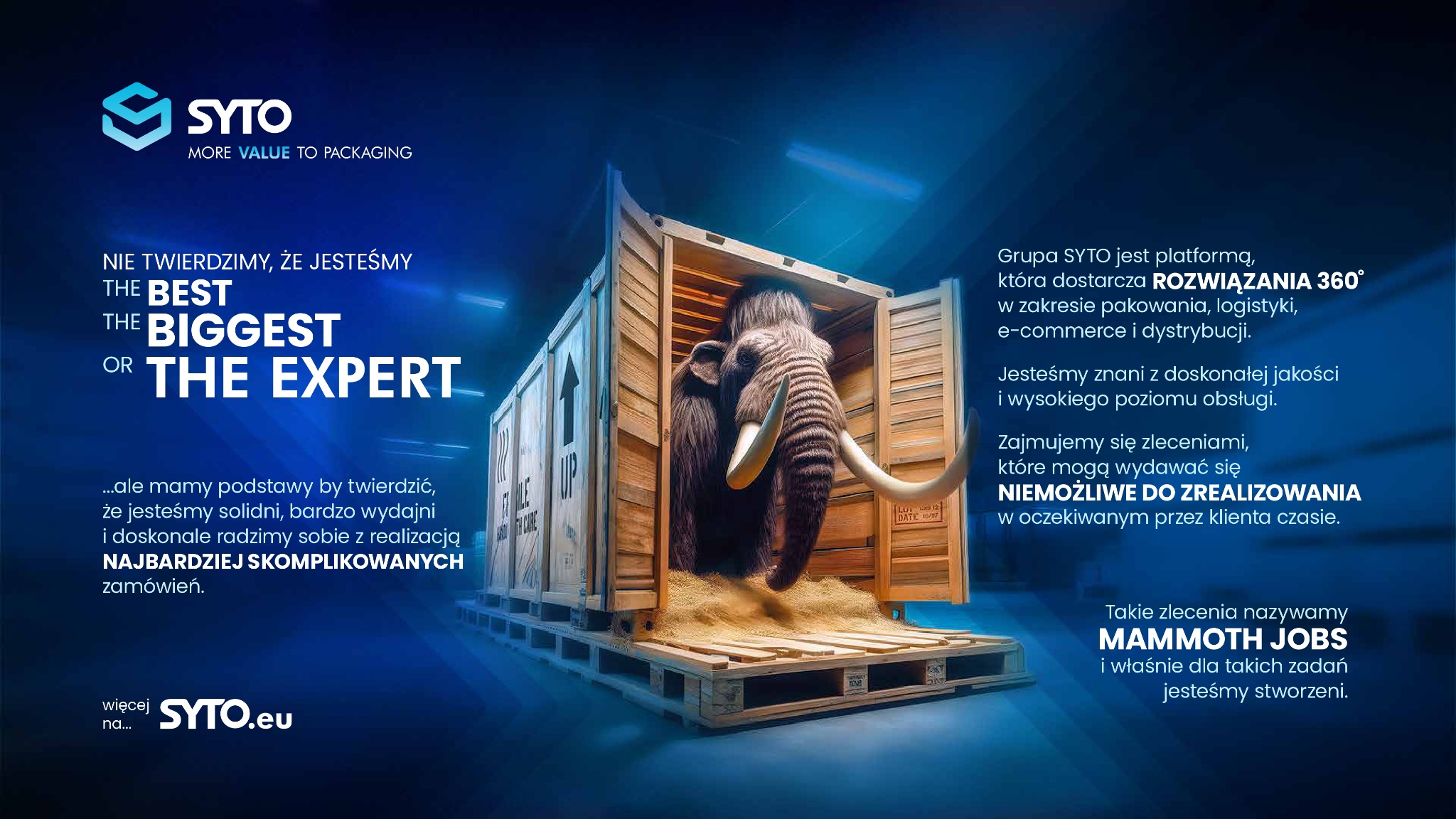 Grafika reklamowa firmy SYTO prezentująca mamuta w drewnianym kontenerze na paletach, podkreślająca zdolność do realizacji skomplikowanych zleceń w zakresie pakowania i logistyki.