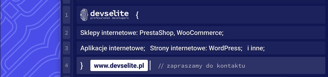 Grafika z ofertą firmy Devselite: sklepy internetowe (PrestaShop, WooCommerce), aplikacje i strony internetowe (WordPress). Zaproszenie do kontaktu na www.devselite.pl.