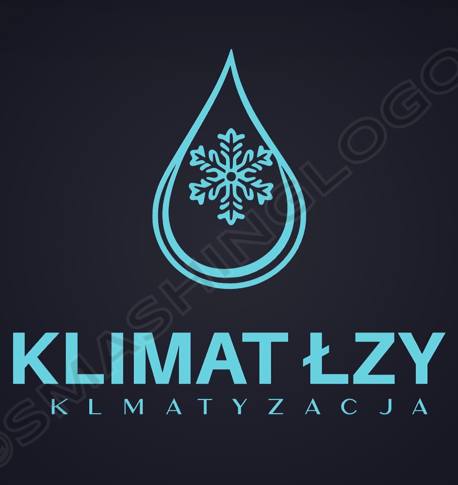 Grafika z błękitnym logo: kropla wody ze śnieżynką, napis 'KLIMATŁZY KLIMATYZACJA' na ciemnym tle. Minimalistyczny design.