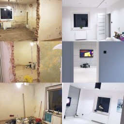 RemontLux - Kolaż przedstawiający pokój przed i po zmianach: od surowego stanu z odsłoniętą cegłą i resztkami tapet po wykończone, nowoczesne wnętrze z białymi ścianami, oknami i minimalistycznym wystrojem.