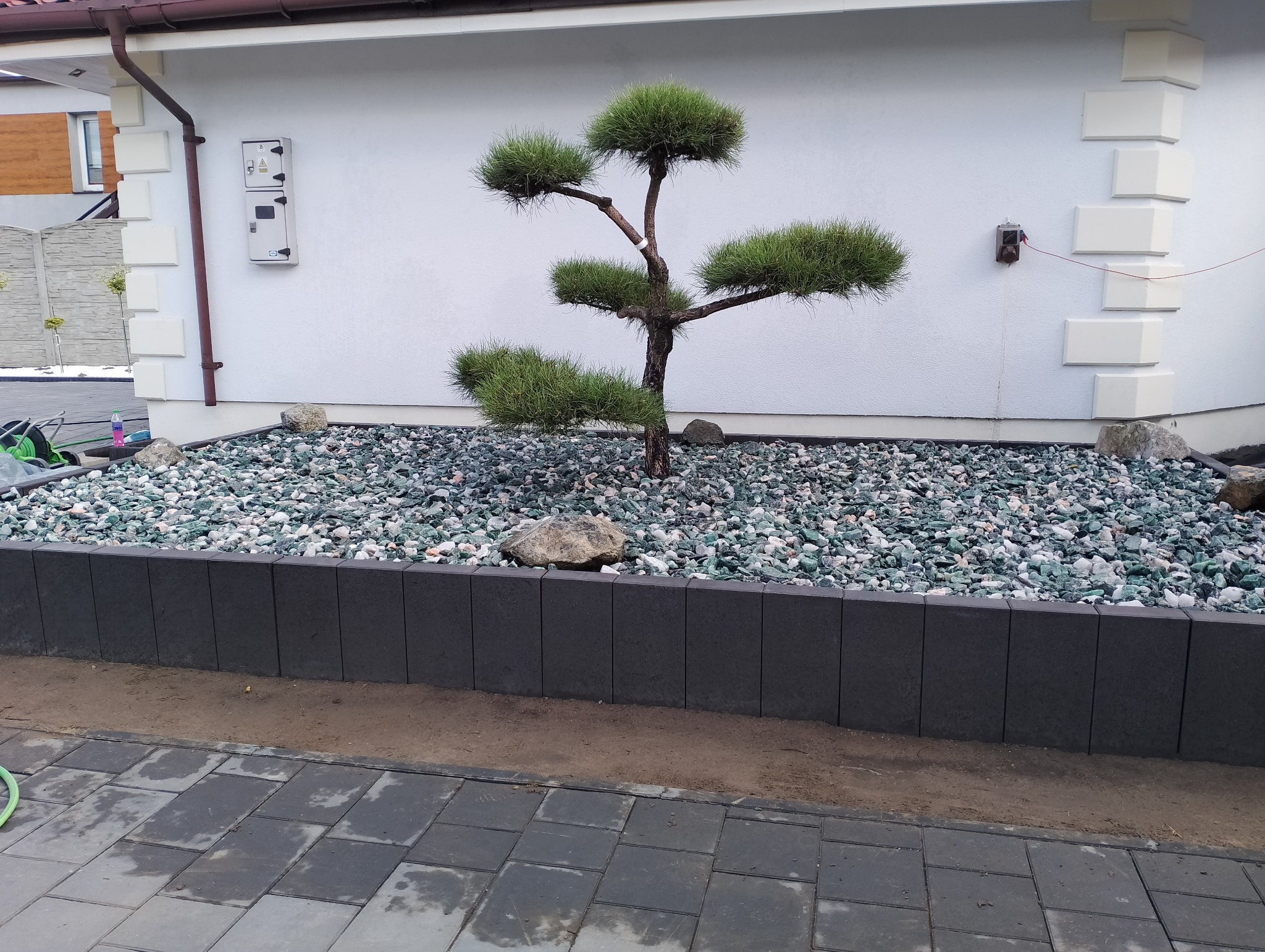 Ogród z bonsai na tle białej ściany, wysypany zielonym grysem, obrzeża z ciemnej kostki.
