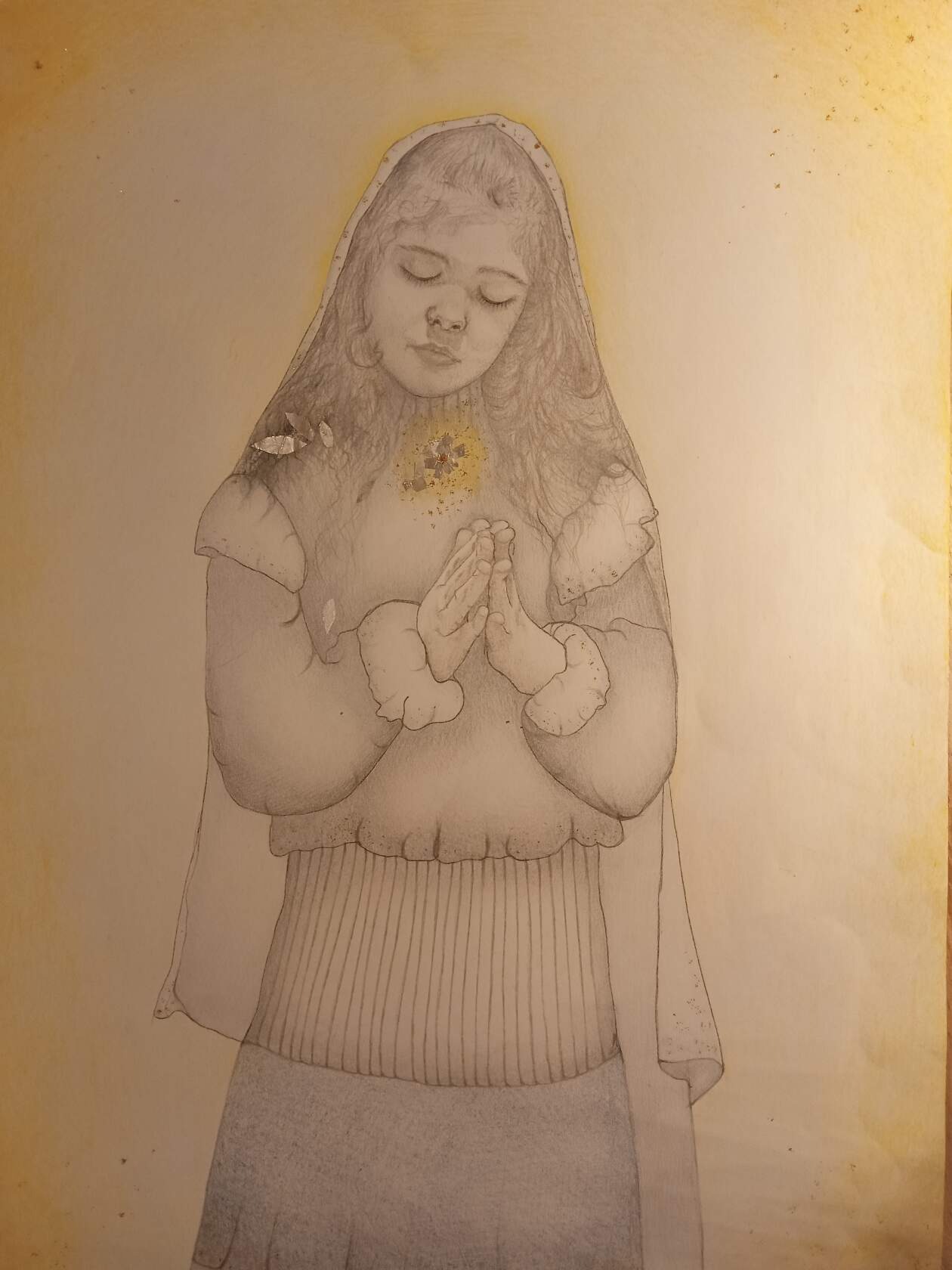 'В молитве', акварельные и пастельные карандаши, блёстки, Формат А3.