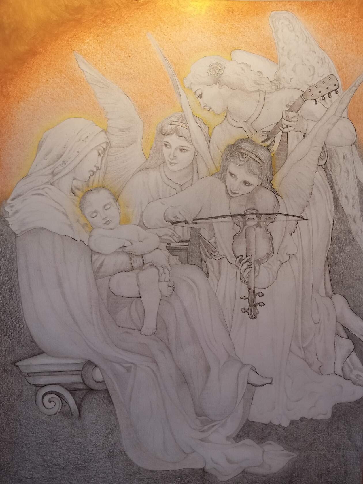 'Песнь ангелов', акварельные и пастельные карандаши, золотая акриловая краска, блёстки, Формат А3.