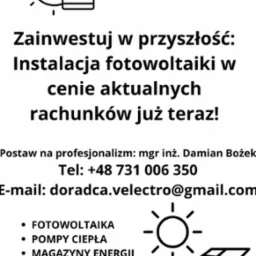 Grafika reklamowa firmy Velectro oferującej instalacje fotowoltaiczne, pompy ciepła i magazyny energii. Zawiera hasło 'Zainwestuj w przyszłość: Instalacja fotowoltaiki w cenie aktualnych rachunków...