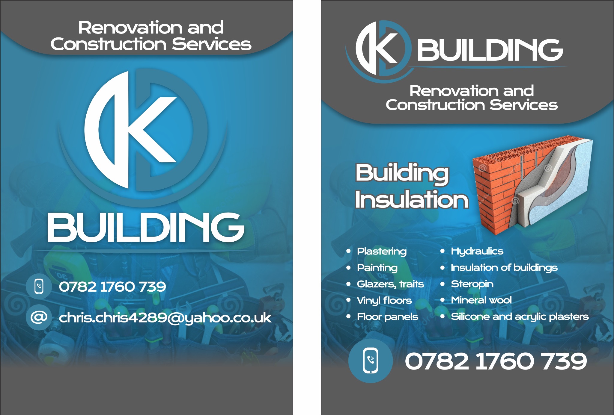 Grafika reklamowa firmy budowlanej 'K Building' oferującej usługi remontowe i budowlane, z logo firmy i ilustracją przekroju ściany z izolacją, oraz danymi kontaktowymi: numer telefonu i adres e-mail.