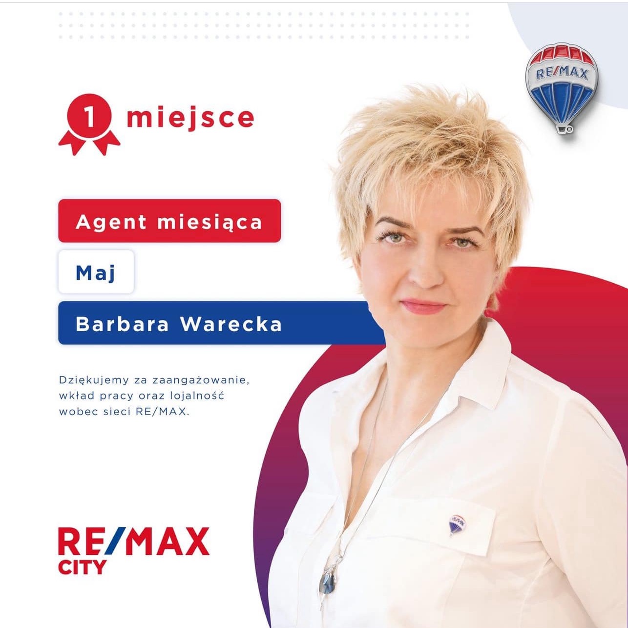 Portret Barbary Wareckiej, agenta miesiąca RE/MAX, z logo firmy i napisem '1 miejsce'. Zdjęcie w firmowych barwach, z podziękowaniem za zaangażowanie.