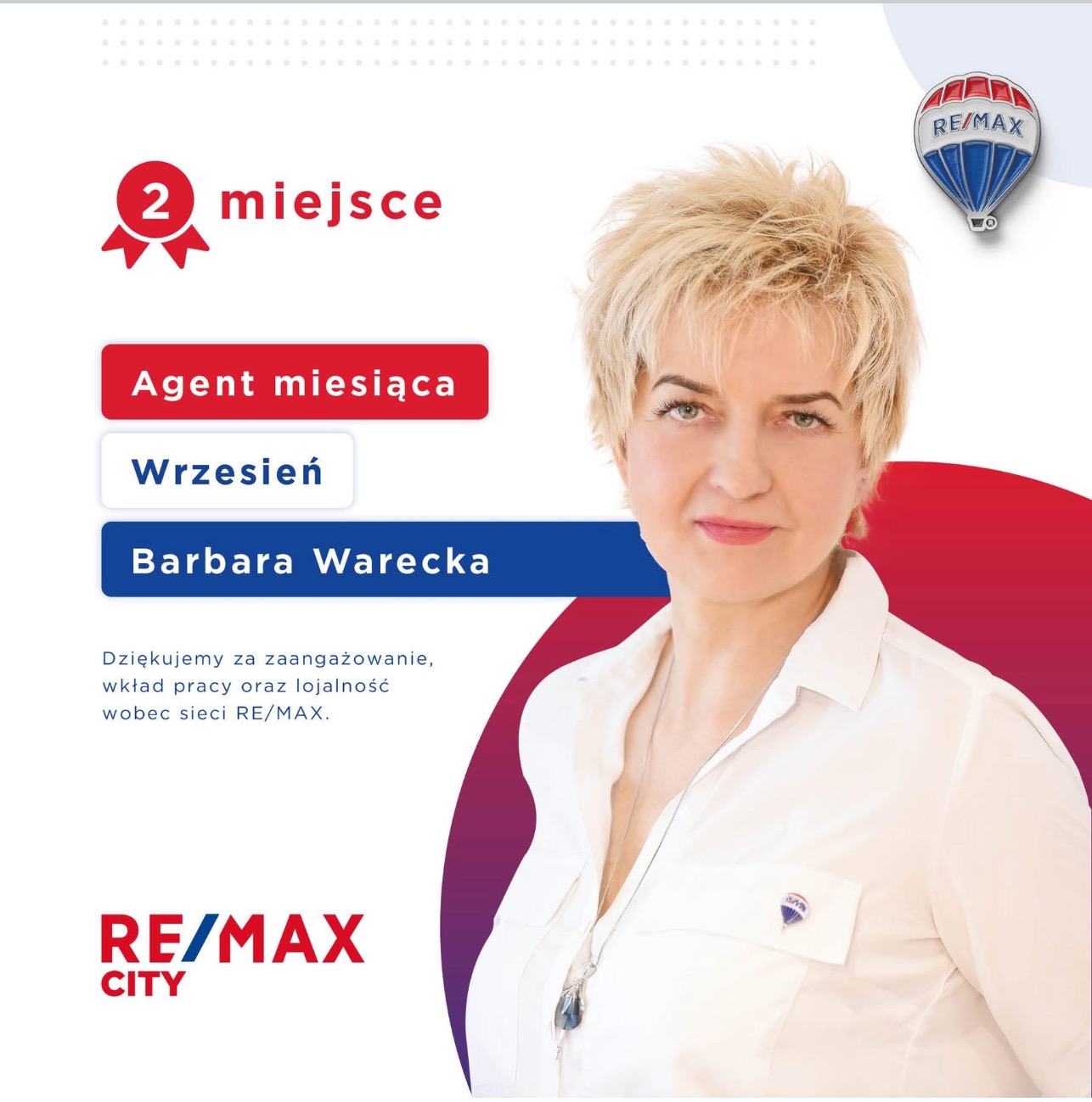 Portret agentki nieruchomości Barbary Wareckiej, agent miesiąca we wrześniu, z logotypem RE/MAX City i informacją o zajęciu 2. miejsca.