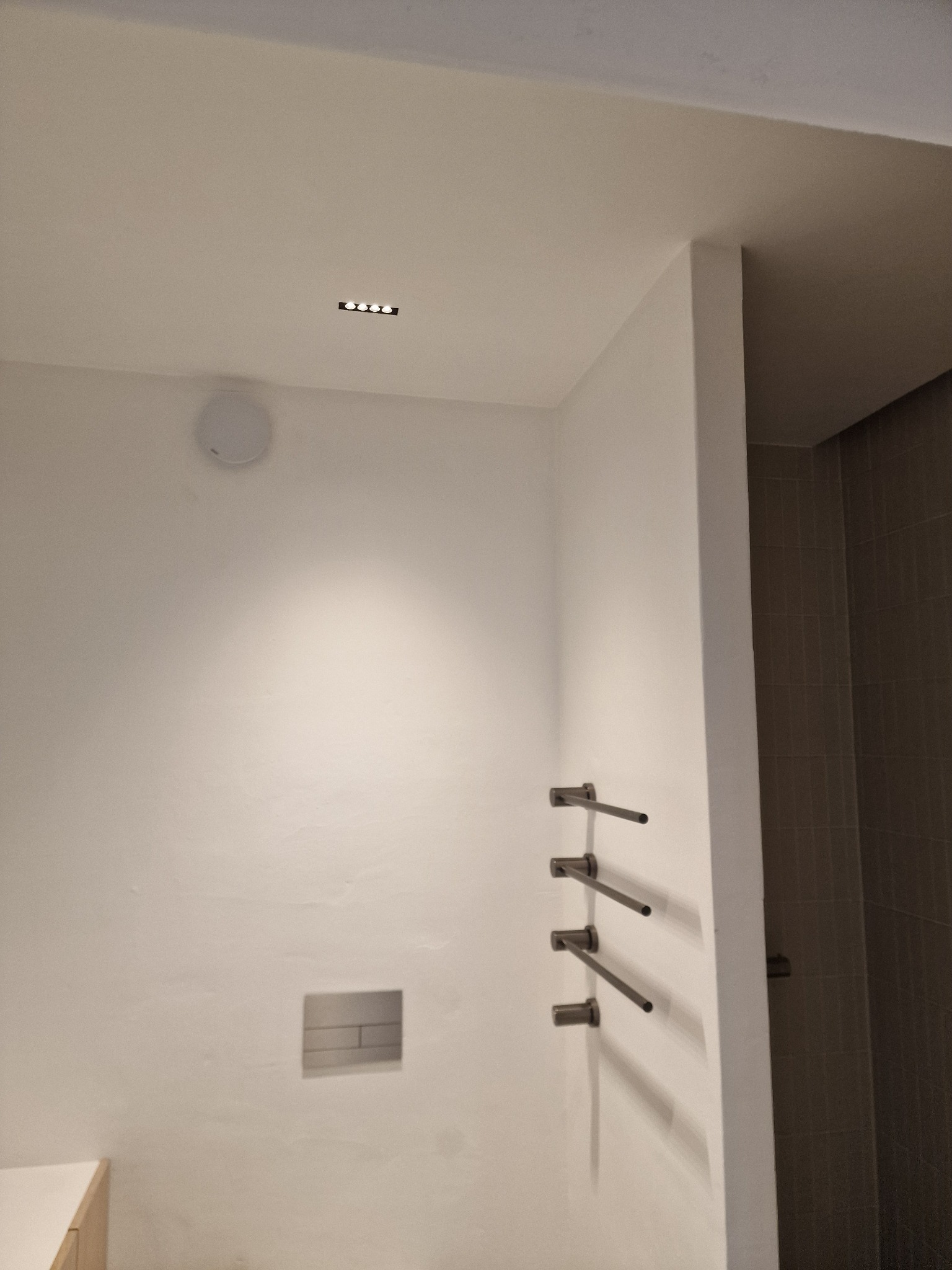 Minimalistyczna łazienka z białymi ścianami, wbudowanym oświetleniem sufitowym, szarymi płytkami w kabinie prysznicowej i metalowymi wieszakami na ręczniki.