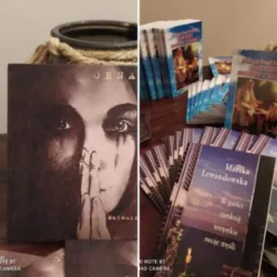 Stargard: Różne okładki książek, w tym jedna z portretem kobiety w stylu grafiki i inne z motywami religijnymi i krajobrazowymi, ułożone na stole.