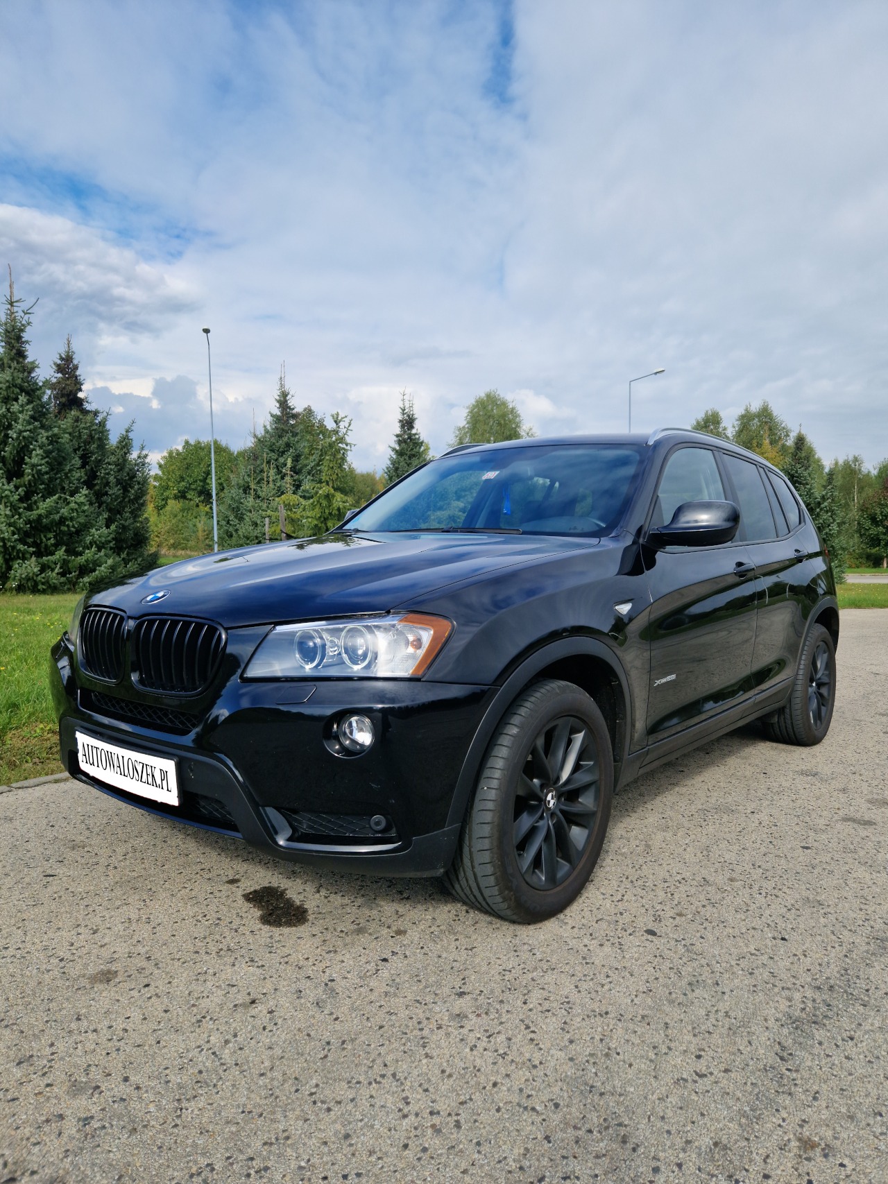 Czarny SUV BMW X3 z czarnymi felgami i grillem na tle zieleni i błękitnego nieba z chmurami, widoczna plama na asfalcie pod przednim zderzakiem.