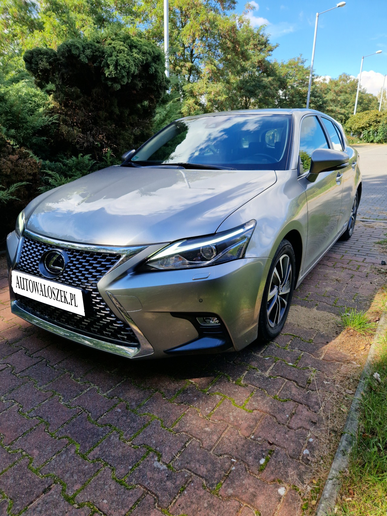 Srebrny Lexus CT na brukowanym podjeździe, widoczne logo marki i tablica z adresem strony internetowej na grillu.