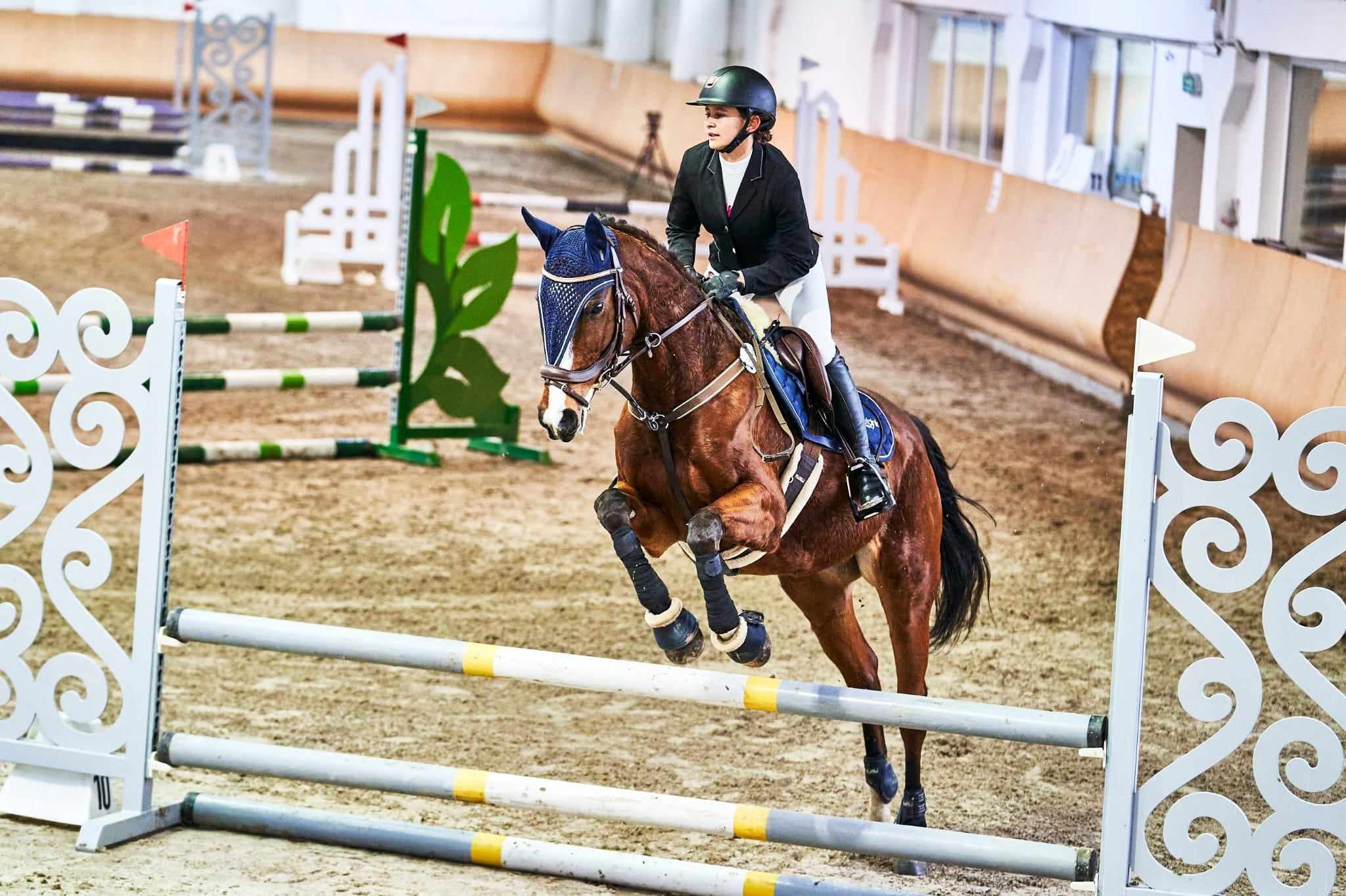Jeździec w czarnym żakiecie i kasku na brązowym koniu z niebieską siatką na głowie skacze przez przeszkodę na krytej ujeżdżalni.