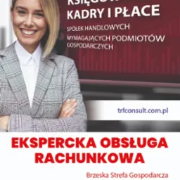 Uśmiechnięta kobieta w marynarce na tle ekranu z napisami: Księgowość, Kadry i Płace, Sp&oacute;łek Handlowych, Wymagających Podmiot&oacute;w Gospodarczych oraz adresem strony internetowej trfconsult.com.pl...