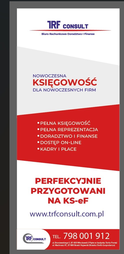 Roll-up biura rachunkowego TRF Consult z ofertą: nowoczesna księgowość, doradztwo i finanse, kadry i płace, przygotowanie na KS-eF. Widoczne logo, adres i telefon.