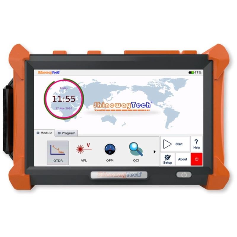 Pomarańczowa obudowa testera światłowodowego ShinewayTech z ekranem dotykowym, prezentującym mapę świata i parametry pomiarowe OTDR, VFL, OPM, OCI.