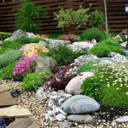 Aranżacja ogrodu z kamieniami, różnorodną roślinnością i ścieżką z płyt kamiennych, oświetlona lampą ogrodową.