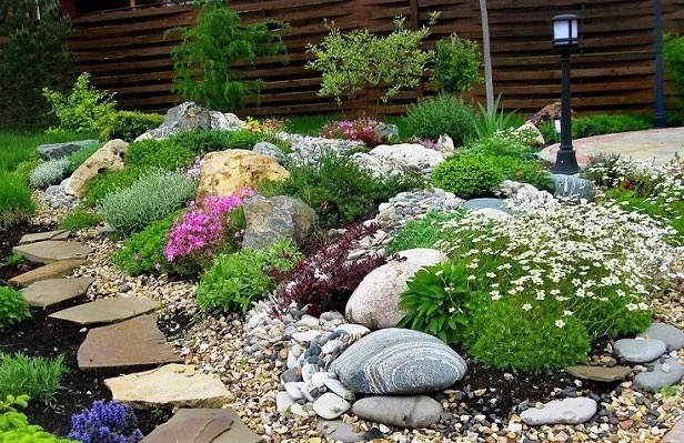 Aranżacja ogrodu z kamieniami, różnorodną roślinnością i ścieżką z płyt kamiennych, oświetlona lampą ogrodową.