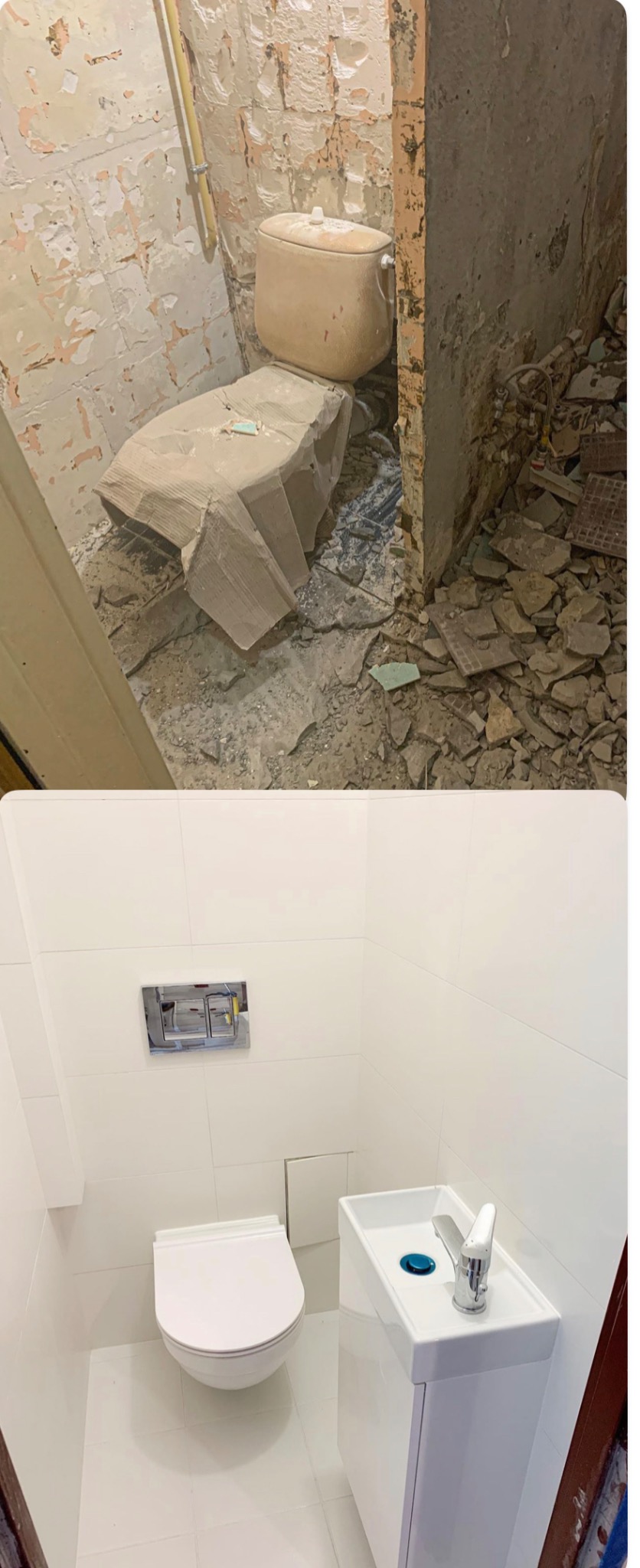 Porównanie stanu łazienki przed i po: surowe mury, gruz i stara toaleta kontra nowoczesna, biała armatura i płytki.