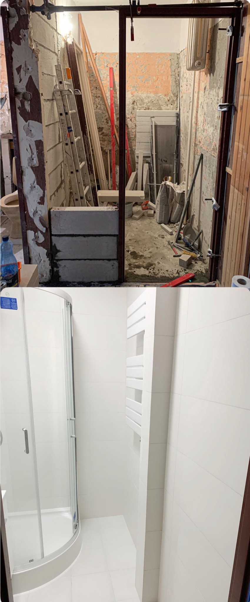 Porównanie stanu łazienki przed i po: surowe ściany, cegły, drabina i worki z zaprawą kontra białe płytki, kabina prysznicowa i grzejnik drabinkowy.
