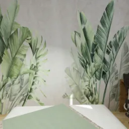 Wizualizacja sypialni z miejscem do pracy: tapeta z motywem tropikalnych liści, biurko z drewnianym blatem, czarne krzesło biurowe i trzy obrazy na ścianie.