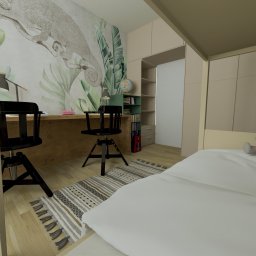 Przedstawiamy pokój dziecięcy dla rodzeństwa w wieku szkolnym. Neutralne kolory i tapeta z roślinnym motywem nadaje ciepła i przytulności 