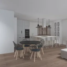 Wizualizacja przestronnej, minimalistycznej kuchni z wyspą, okrągłym stołem i krzesłami w odcieniach szarości i bieli, z drewnianą podłogą i żaluzjami w oknach.