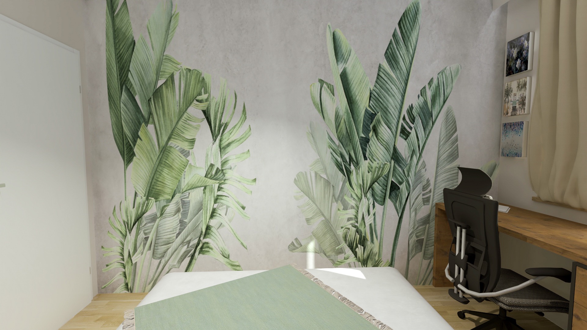 Wizualizacja sypialni z miejscem do pracy: tapeta z motywem tropikalnych liści, biurko z drewnianym blatem, czarne krzesło biurowe i trzy obrazy na ścianie.