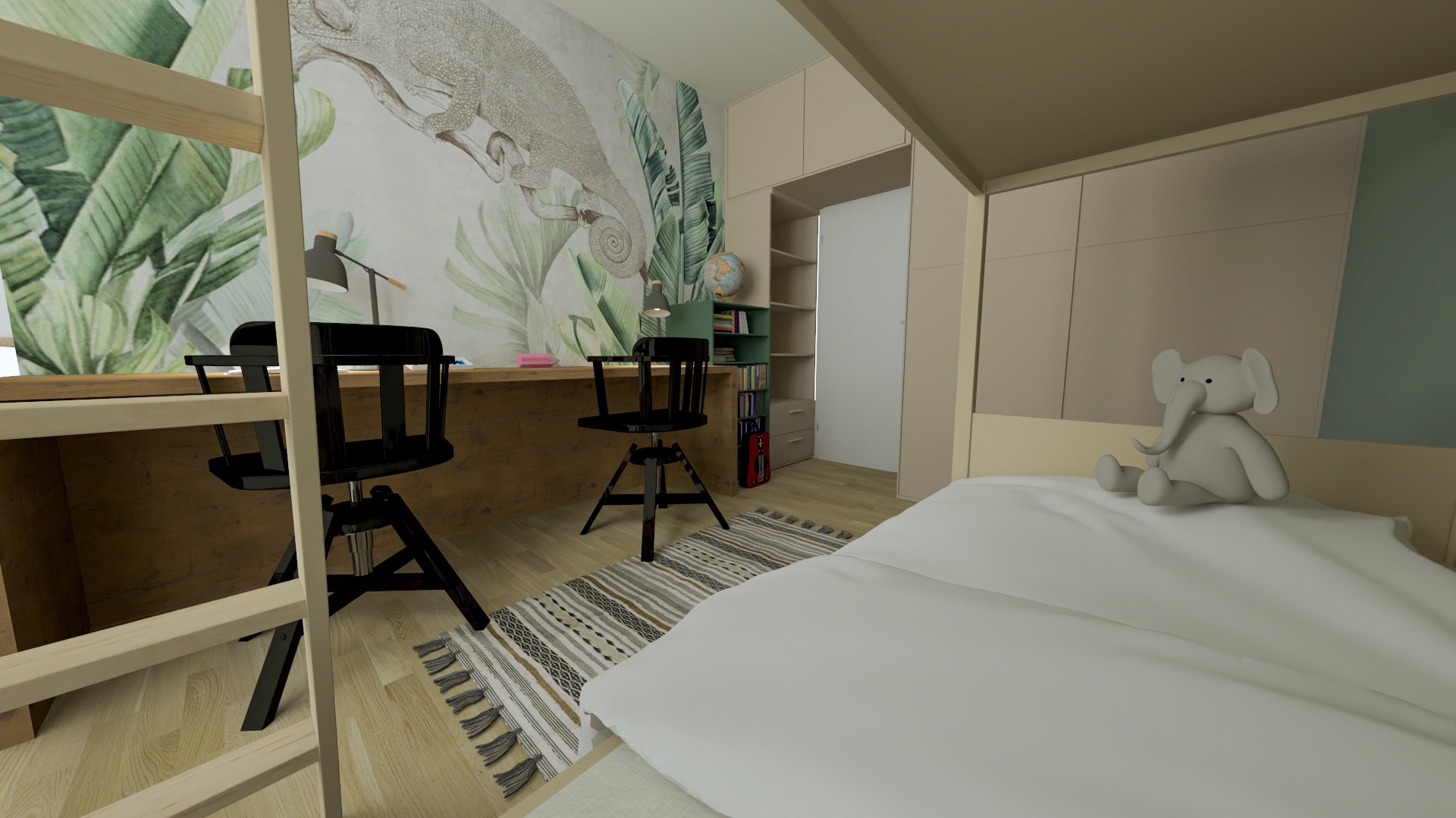 Pokój dziecięcy z biurkiem, łóżkiem piętrowym i tapetą z motywem dżungli, na łóżku pluszowy słoń.